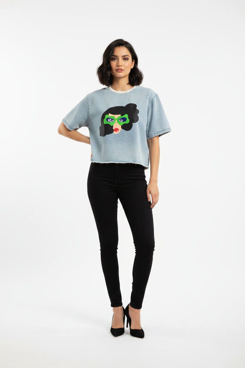 Jade Vintage Wash Boxy Raw Hem Denim T-Shirt